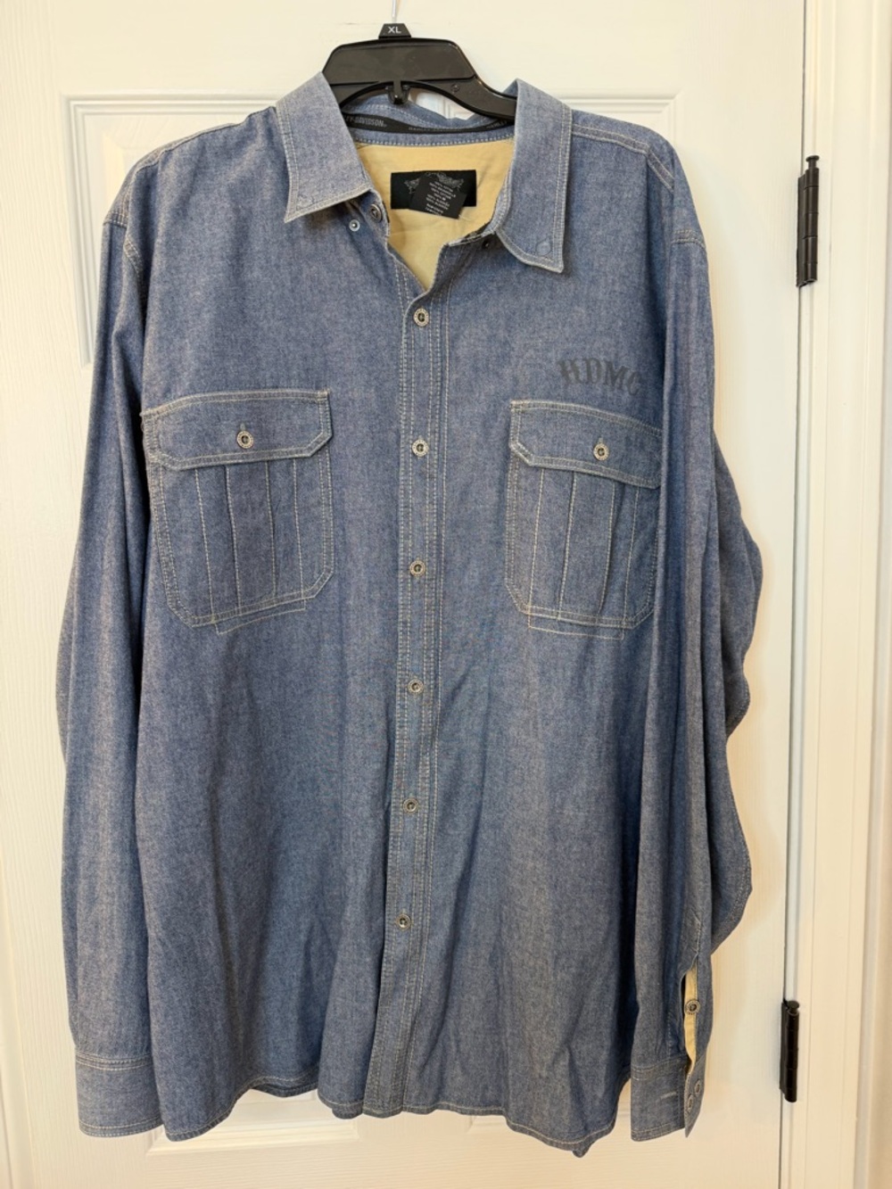 Harley-Davidson Black Logo Patch on Blue Denim Shirt